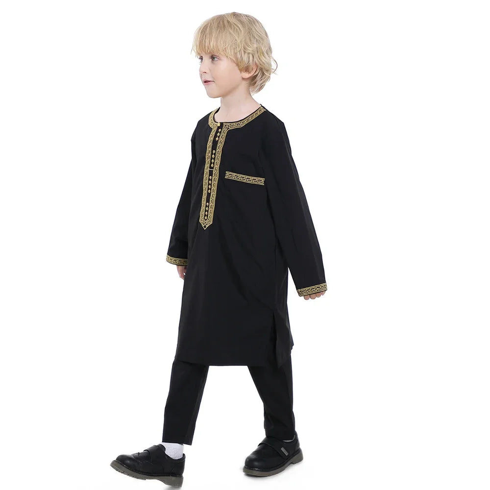 Muslim Children Robe 2 Piece Set Kids Boy Round Neck Long Sleeve Printed Dress Shirt Abaya Kaftan Jubba Thobe Islamic Clothing