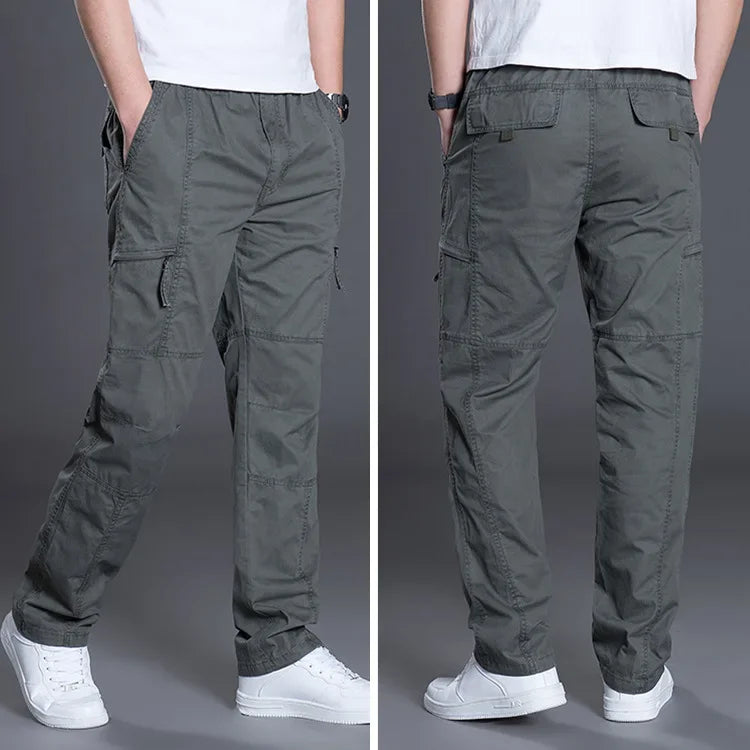 Big Size Men's Cargo Trousers Straight Leg Work Pant Men Loose Fit Cotton Summer Wide Overalls Male Side Multi Pocket Large Size