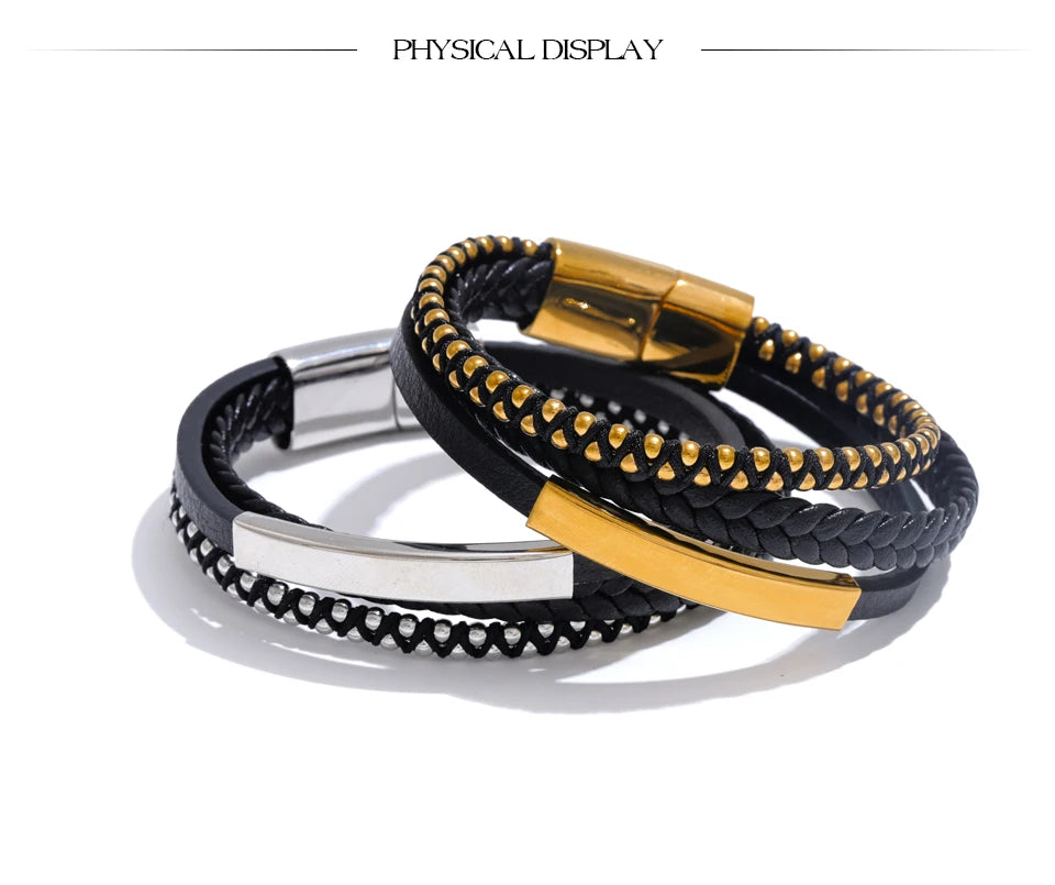 Yhpup 66mm Statement Black Leather Braided Double Layer Retro Bracelet Bangle for Men Stainless Steel Tarnish Resistant Jewelry