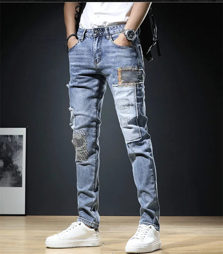 2023 Fashion Mens Jeans Autumn Patch Light Blue Trend Loose Pants Elastic Streetwear Boyfriend Biker Man Straight Denim Trousers