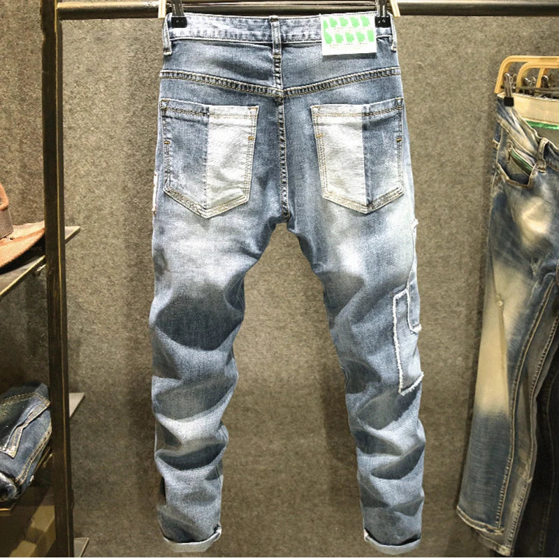 2023 Fashion Mens Jeans Autumn Patch Light Blue Trend Loose Pants Elastic Streetwear Boyfriend Biker Man Straight Denim Trousers