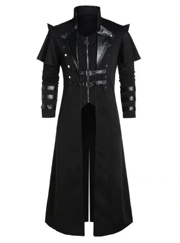 Vintage Halloween Medieval Steampunk Assassin Elves Pirate Costume Adult Men Black Long Split Jacket Gothic Armor Leather Coats