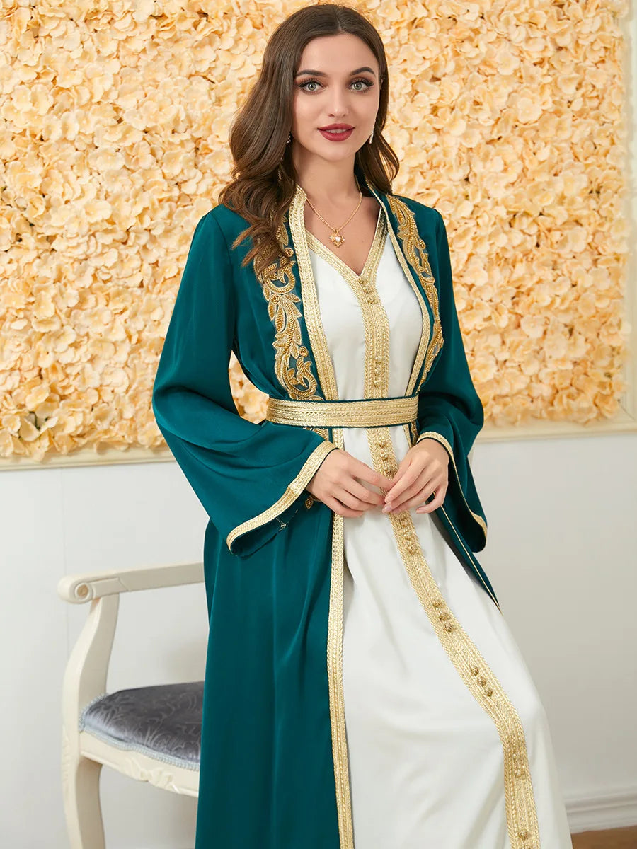 Ramadan Muslim Abaya Women Islam Kimono and Vest Dress 2 Piece Set Jalabiya Robe Islamic Dress Formal Dresses Moroccan Caftan