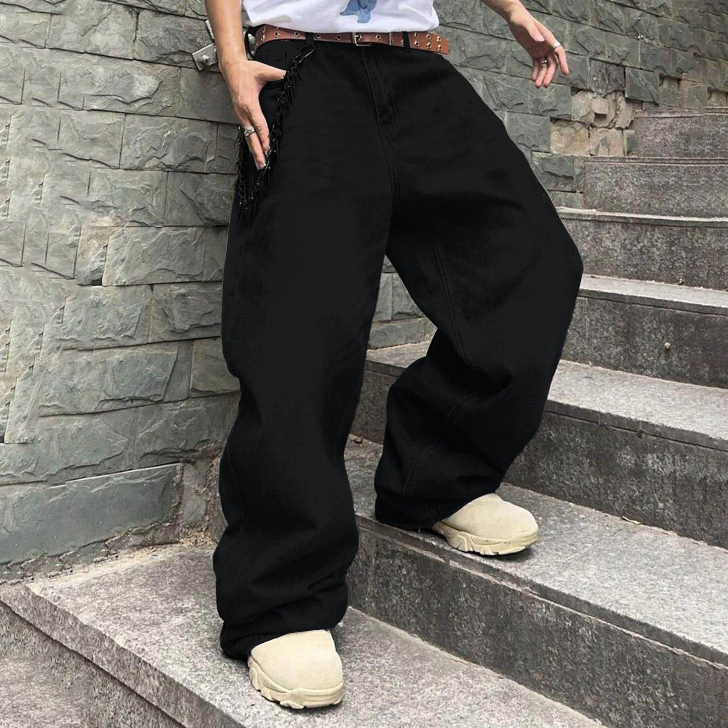 Men Baggy Denim Pants Wide Leg High Waist Belt Casual Trousers Loose Plus Size Stylish Streetwear Men's Hip Hop Streetwear