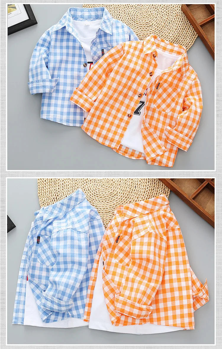 Spring Autumn New Long Sleeve Boys Shirt Classic Plaid Lapel Kids Shirts Top With Pocket Baby Boy Casual Shirt Children Clothing