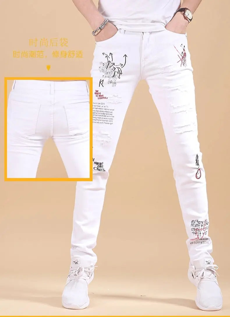 Harajuku Korean Luxury Clothing Men's White Slim Jeans with Printed Ripped Holes Autumn Hip Hop Distressed Cotton Trousers Male