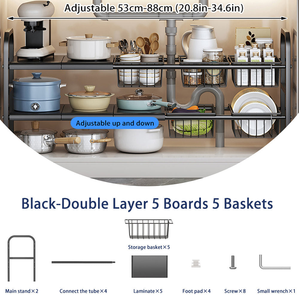 1 Set Multipurpose Expandable Cabinet Shelf Rack,Kitchen Countertop Cupboard Organizers And Pantry Storage Shelves Kitchen Under Sink Organizer With Removable Panels 1 Or 2 Tier White Black Kitchenware And Cutlery Rack