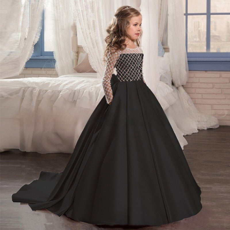 Girls' Trailing Lace Satin Bow Princess Dress