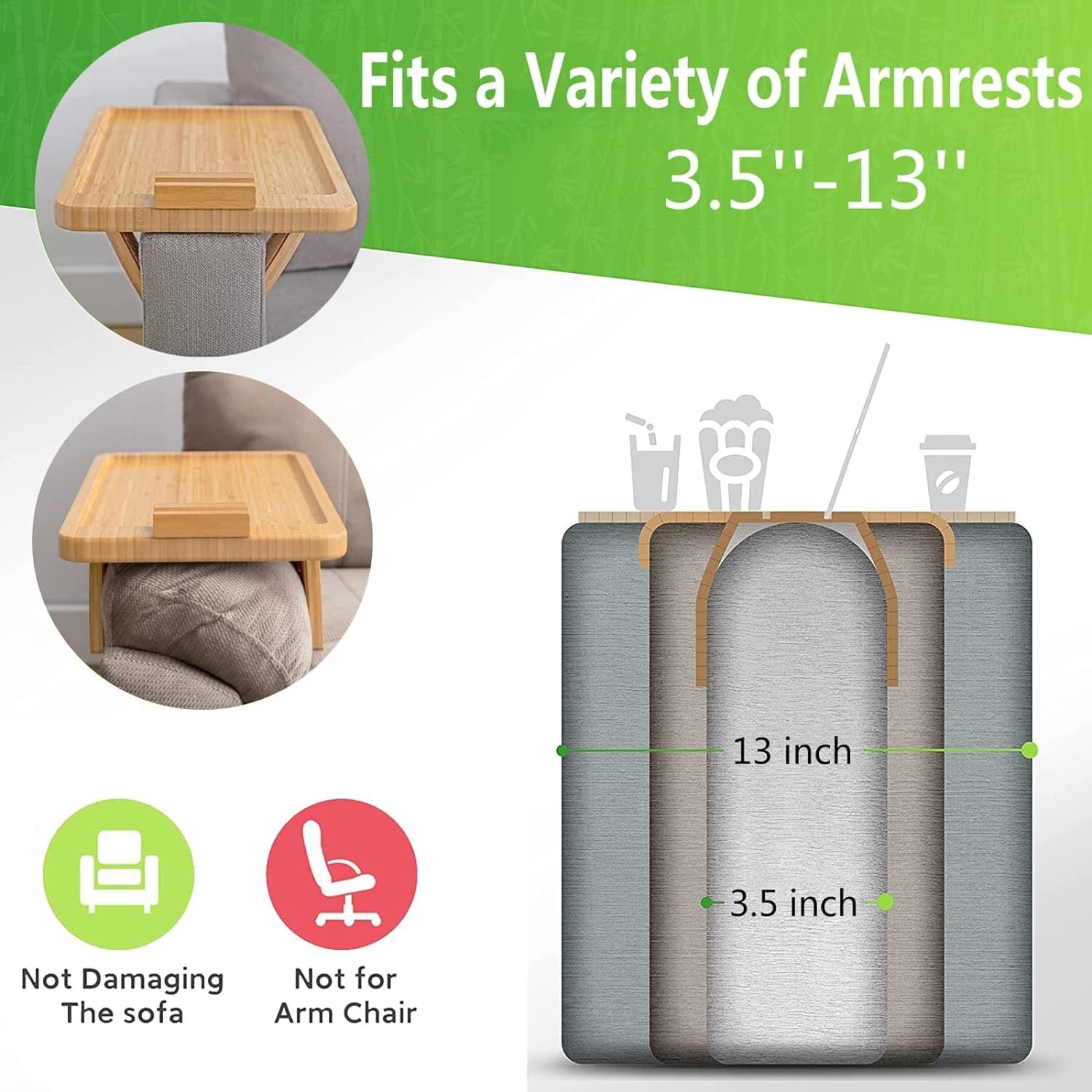 Bamboo Sofa Clip on Side Table for Wide Couches Arm, Foldable Couch Tray with 360° Rotating Phone Holder, Armrest Table for Eating/Drinks/Snacks/Remote/Control