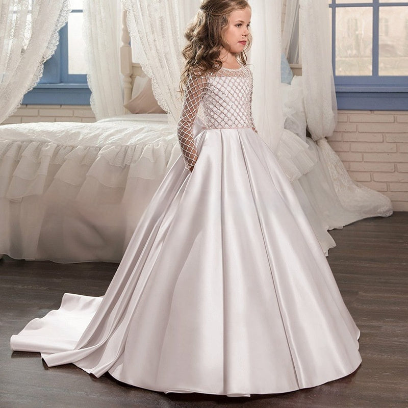 Girls' Trailing Lace Satin Bow Princess Dress